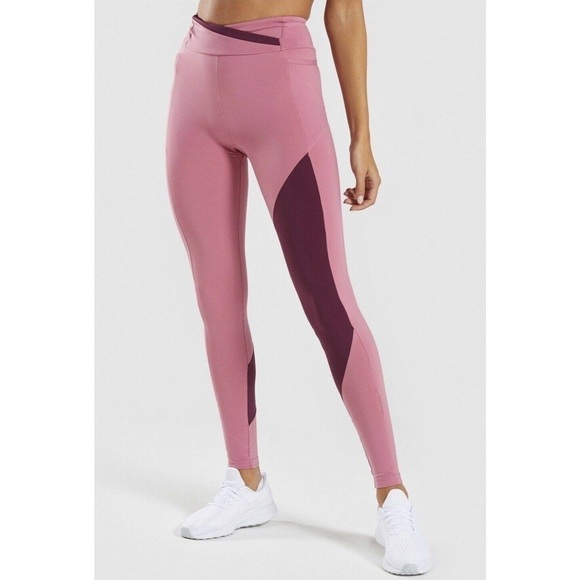 GYMSHARK Asymmetric Leggings Crossover Waist High Rise Dusky Pink/Dark Ruby S - Picture 15 of 15